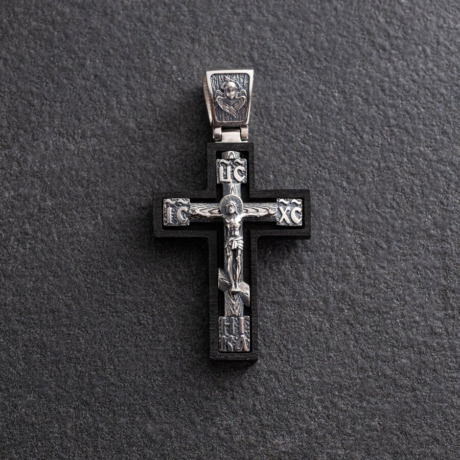 Срібний хрест "Розп'яття. Спаси і Збережи" з ебеновим деревом mini 1340