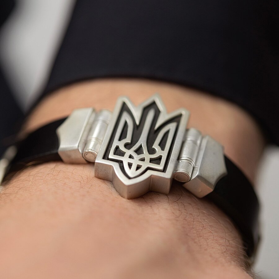 Мужской серебряный браслет "Герб Украины - Тризуб" (кожа, эбен) 1079