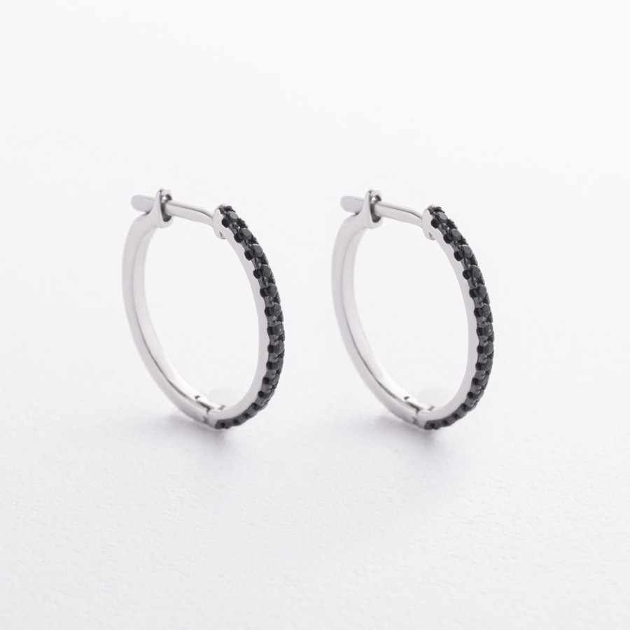 Серебряные серьги - кольца с черными камнями 2598/1р-CZB