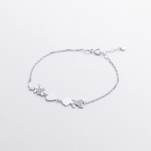 Браслет "Девочка, мальчик и сердечко" в белом золоте (фианиты) б05662