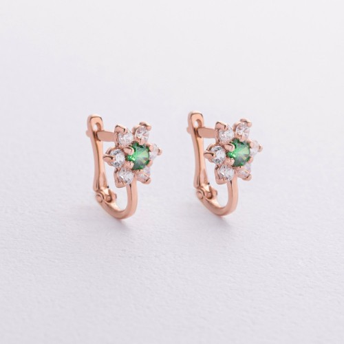 Детские золотые сережки "Цветочки" с зелеными фианитами с03612