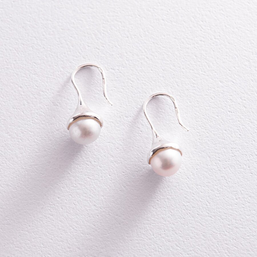 ﻿Срібні сережки - петельки з перлами 123204