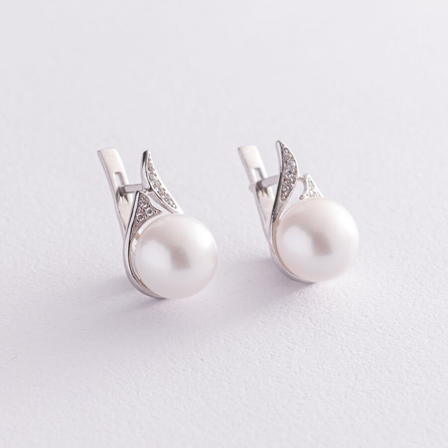 Срібні сережки з перлами і фіанітами 2466/1р-PWT
