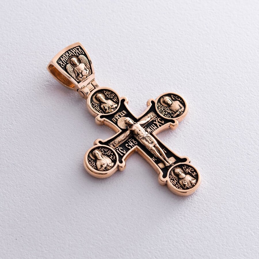 Золотой православный крест с чернением. Восемь святых п01404