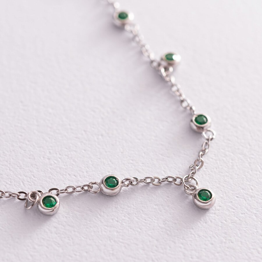 Срібний браслет з зеленими фіанітами на ногу 141572