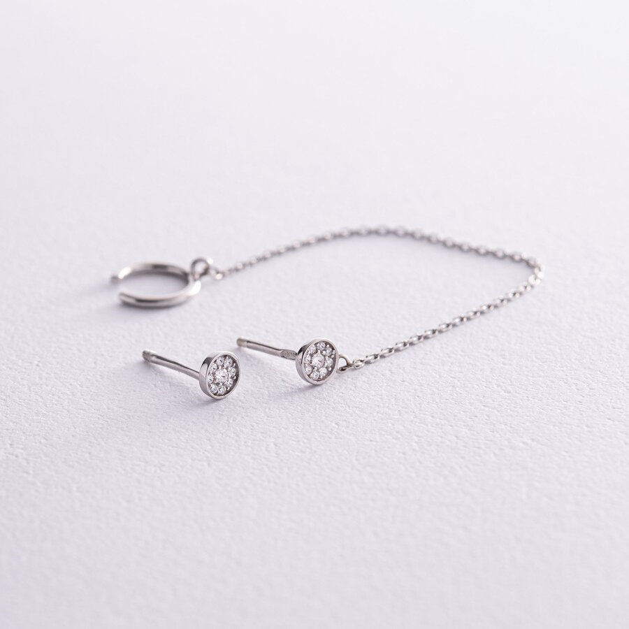 Асиметричні срібні сережки - пусети з фіанітами (сережки - каффа) 902-00898
