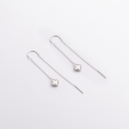 Серебряные серьги - протяжки "Клевер" с перламутром 123509