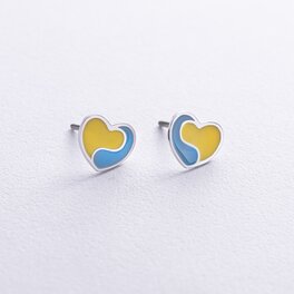 Серьги - пусеты "Украинское сердце" в серебре (голубая и желтая эмаль) 1018