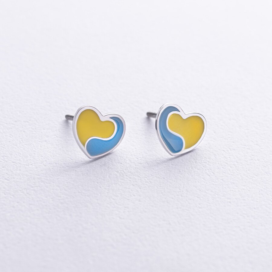 Серьги - пусеты "Украинское сердце" в серебре (голубая и желтая эмаль) 1018