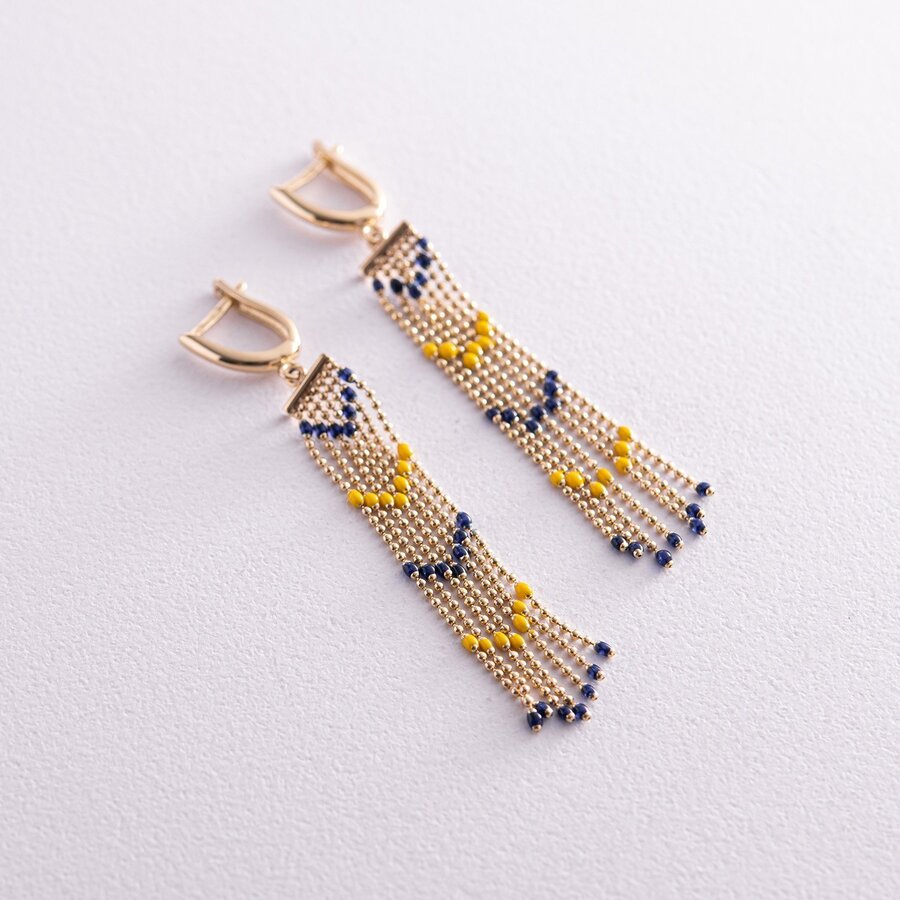 Патріотичні сережки з ланцюжками у жовтому золоті (синя та жовта емаль) с08052