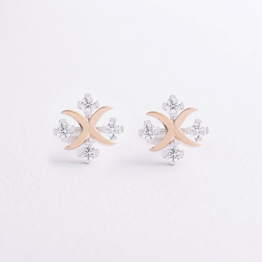 Серьги - пусеты "Клевер" с фианитами (белое, желтое золото) с09552