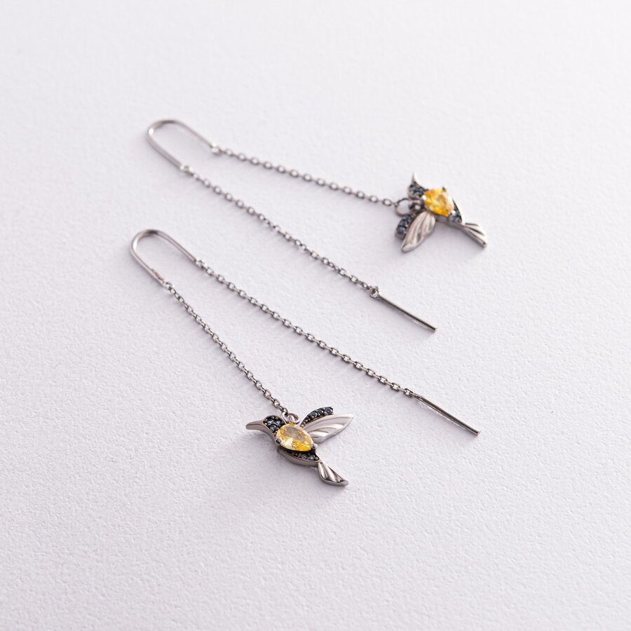 Срібні сережки - протяжки "Колібрі" (сині та жовті камені) 530