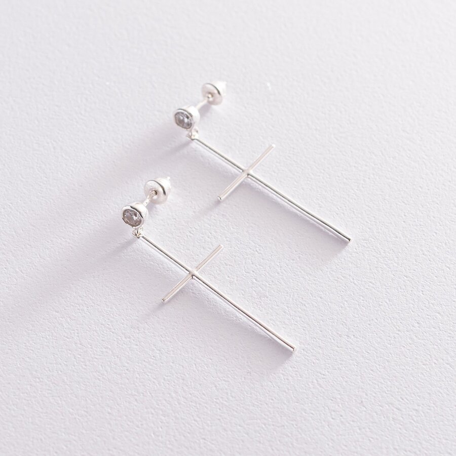 Срібні сережки "Хрести" з фіанітами 123019