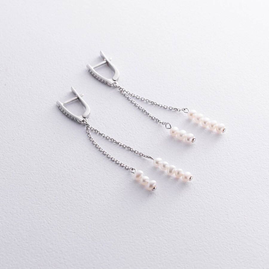 Срібні сережки з перлами і фіанітами 2336/1р-PWT