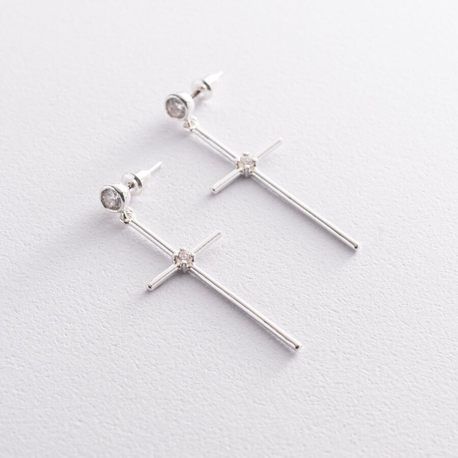 Срібні сережки "Хрести" з фіанітами 123018