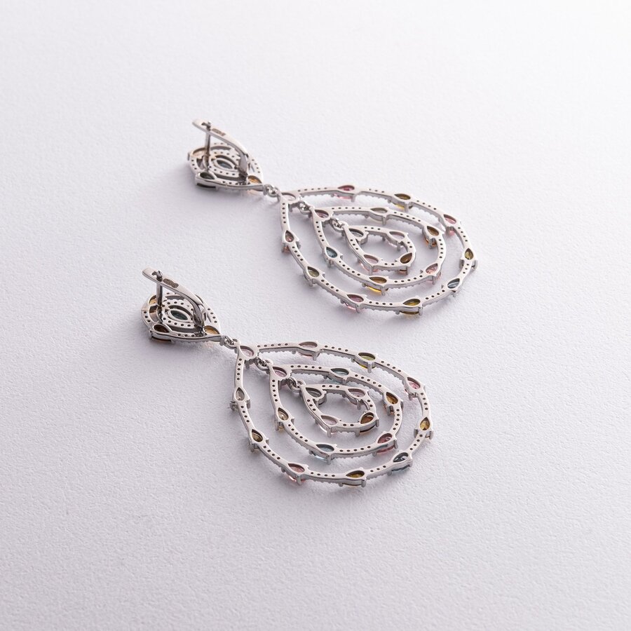 Срібні сережки "Сальма" з різнокольоровими фіанітами і турмаліном 539