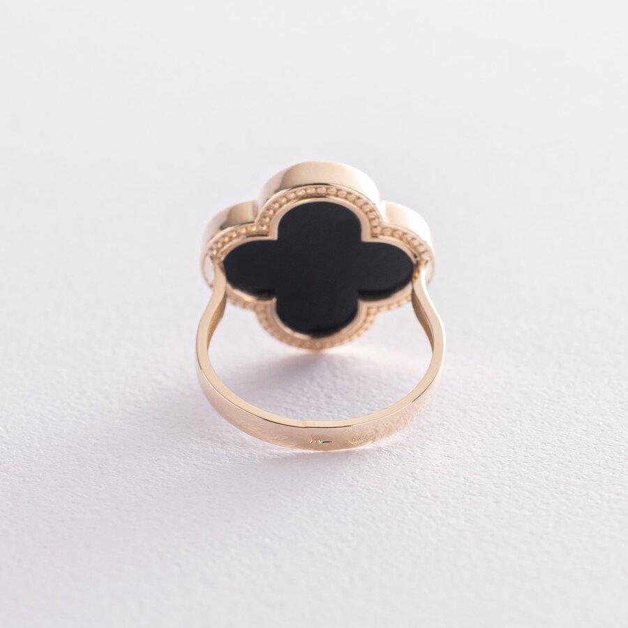 Золотое кольцо "Клевер" с ониксом к06750