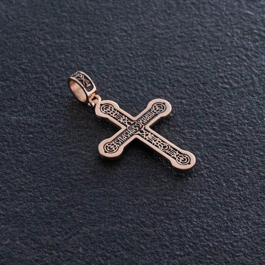 Золотий православний хрест "Розп'яття. Спаси і Збережи" з чорнінням п02823
