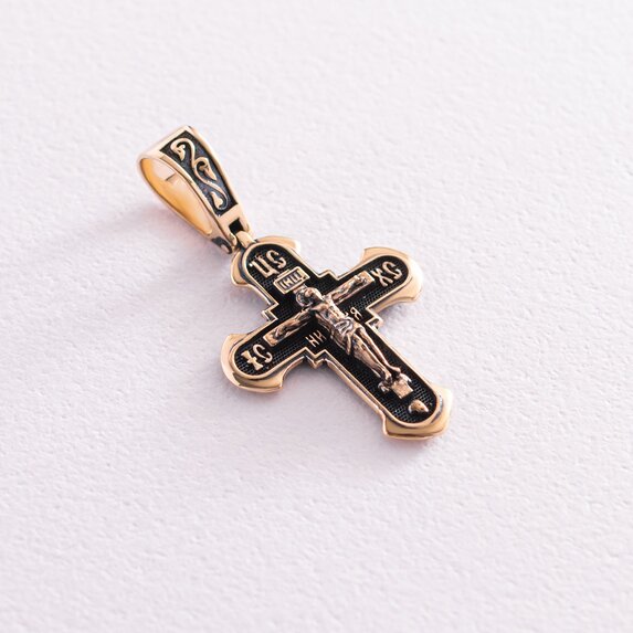 Православный крест "Распятие. Спаси и сохрани" в желтом золоте п03608