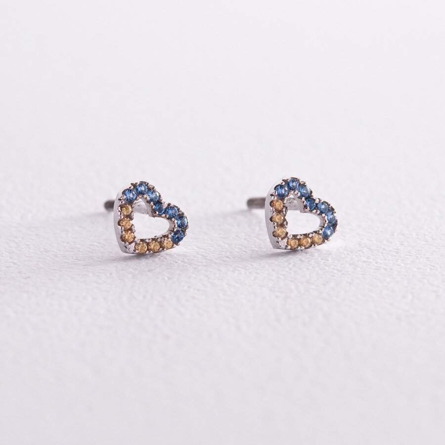 Срібні сережки - пусети "Сердечки" (блакитне та жовте каміння) 602