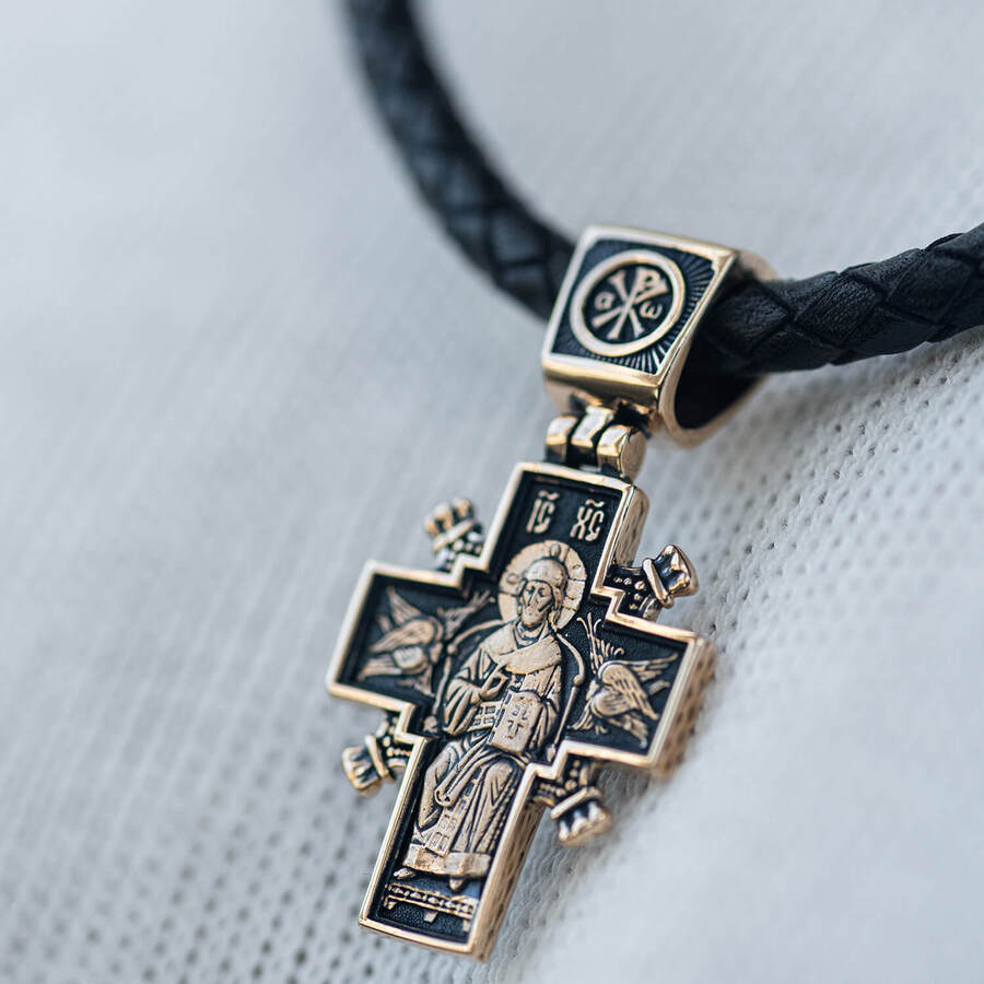 Золотой православный крест "Иисус Христос "Царь царей". Икона Божией Матери "Державная" п02407
