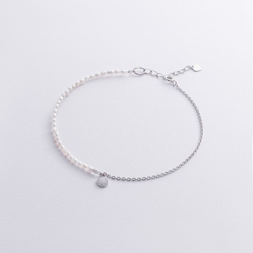Серебряный браслет на ногу (культ. пресн. жемчуг, фианиты) 905-01603