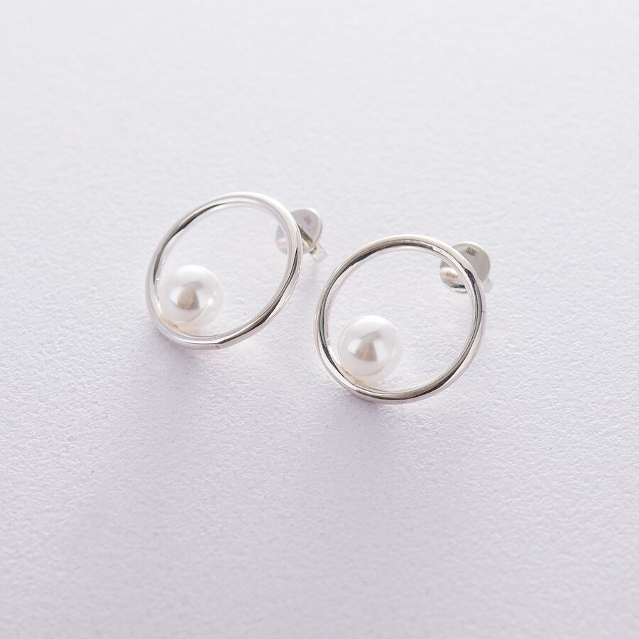 Срібні сережки-пусети "Кругообіг" з перлами 122551