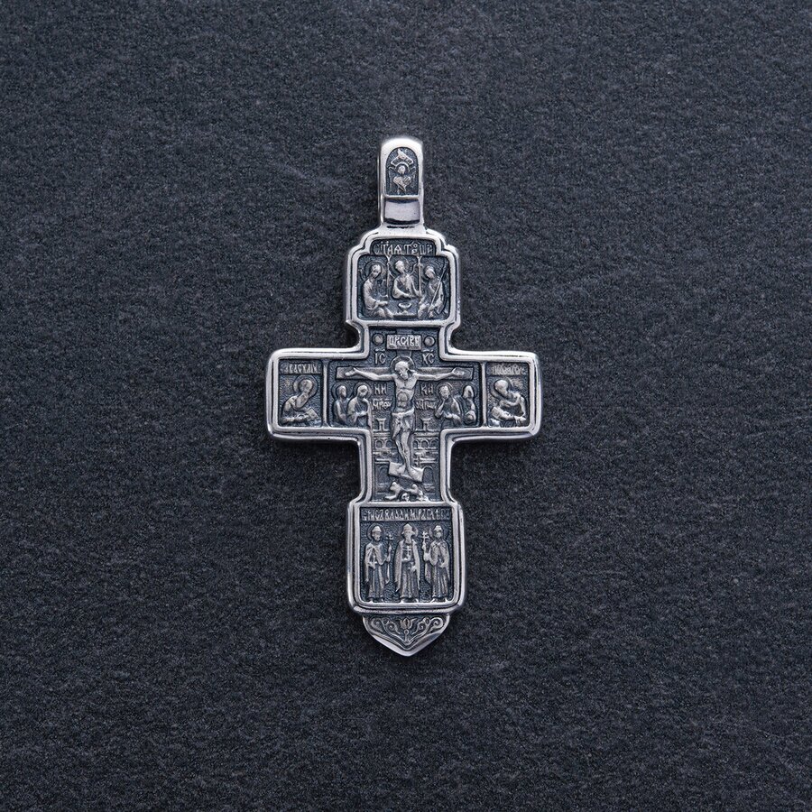 Серебряный православный крест "Распятие. Вход благоразумного разбойника в рай" (чернение) 13087