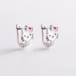 Дитячі срібні сережки "Hello Kitty" (емаль) 123070