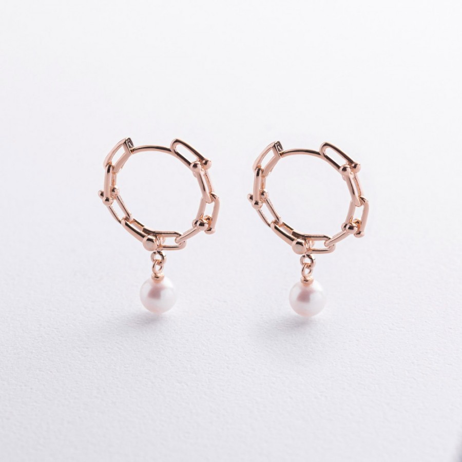 Серьги - кольца "Фантазия" с жемчугом (красное золото) mini с09627