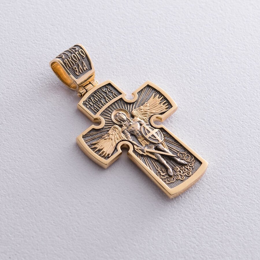 Золотой православный крест "Распятие. Архангел Михаил" с чернением п03873