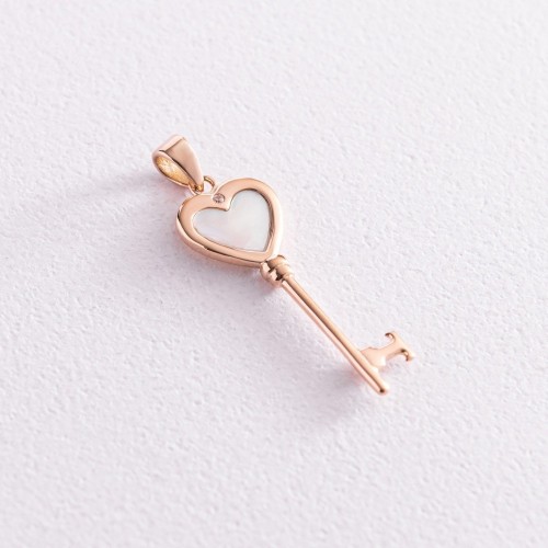 Підвіска "Ключик" у червоному золоті (перламутр, фіаніт) п03665