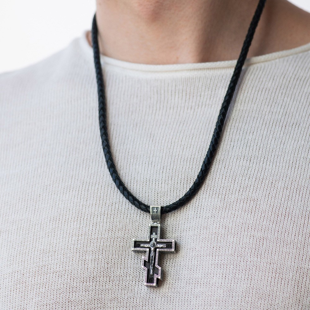 Мужской православный крест "Розп'яття. Спаси и Сохрани" (на укр. языке) из эбенового дерева и серебра 1329