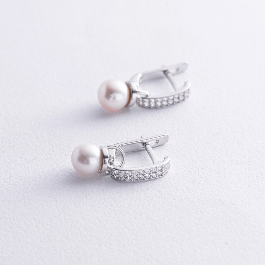 Срібні сережки з перлами і фіанітами 902-00333