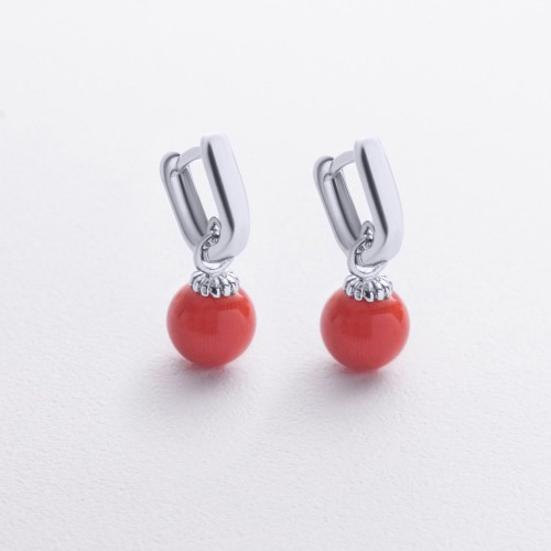 Сережки з коралом (біле золото) с08741