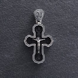 Мужской православный крест "Розп'яття. Спаси і Збережи. Отче наш" из эбенового дерева и серебра mini 1170