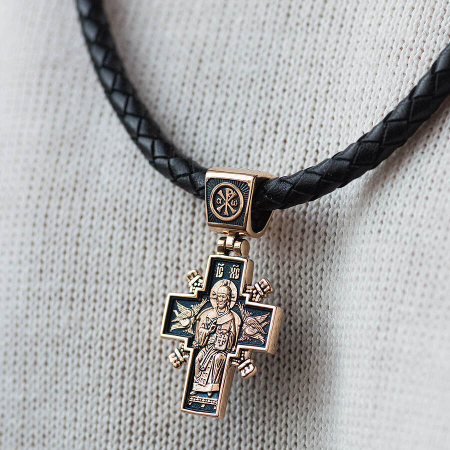 Золотий православний хрест "Ісус Христос "Цар царів". Ікона Божої Матері "Державна" п02407