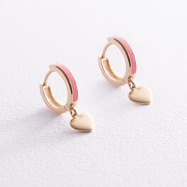Дитячі золоті сережки "Сердечки" з рожевою емаллю с08115