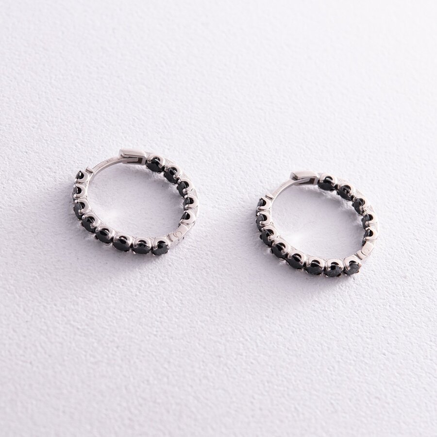 Срібні сережки - кільця з чорними фіанітами  087610