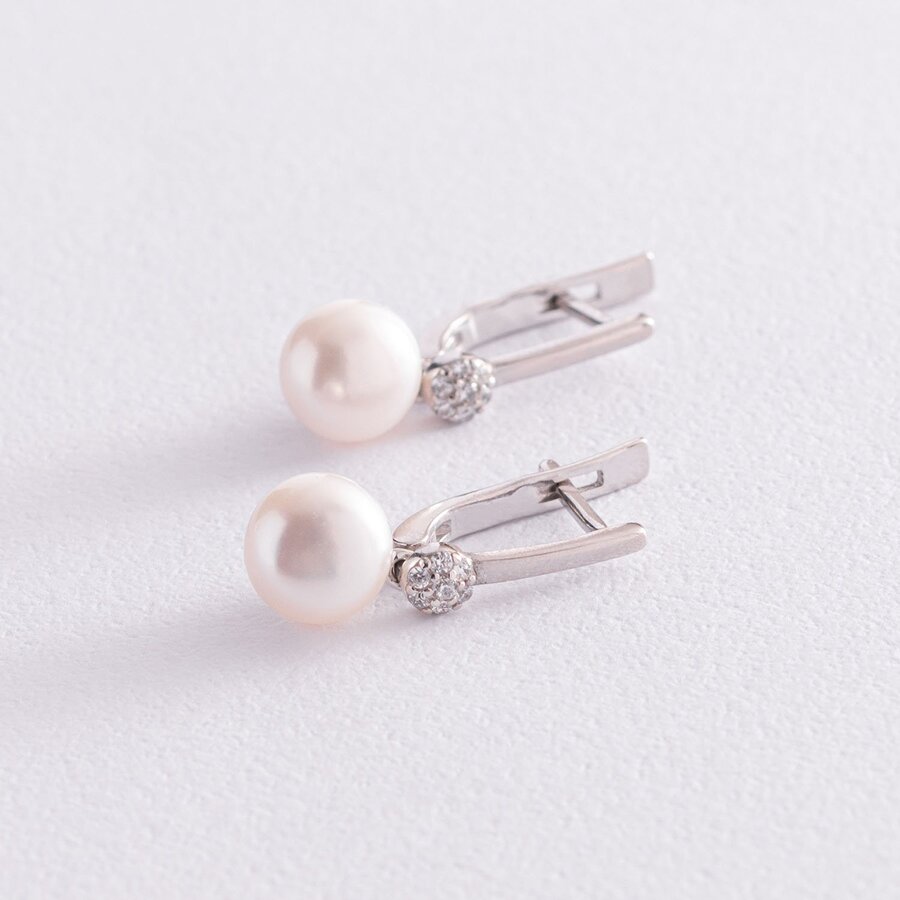 Срібні сережки з перлами і фіанітами 2451/1р-PWT