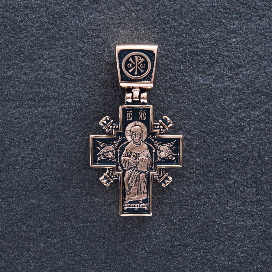 Золотой православный крест "Иисус Христос "Царь царей". Икона Божией Матери "Державная" п02407