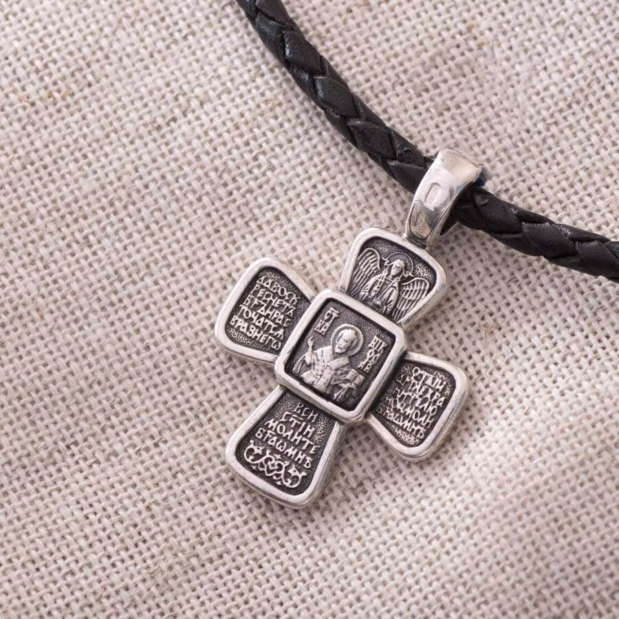 Православный серебряный крест "Распятие. Святой Николай" (чернение) 132493