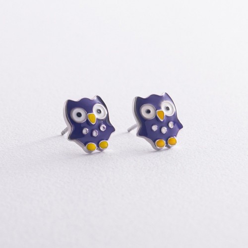 Дитячі сережки - пусети "Совенята" у сріблі (емаль) 448