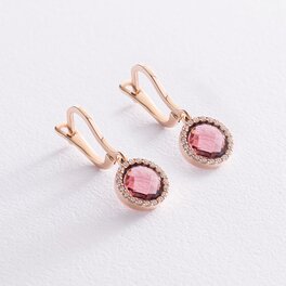 Золоті сережки з рожевими і білими фіанітами с07456