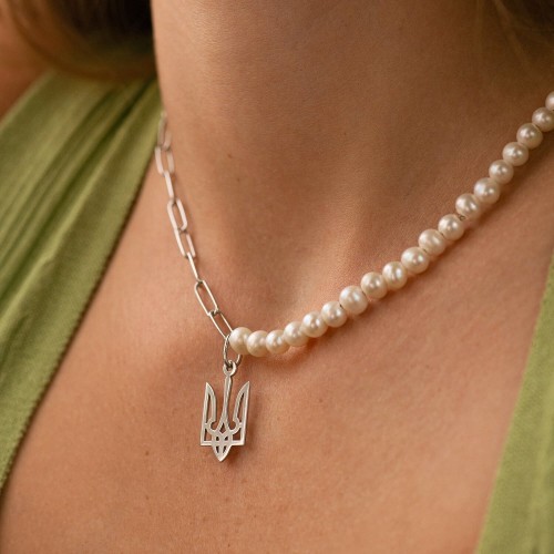 Серебряное колье "Герб Украины - Тризуб" с жемчугом 1098