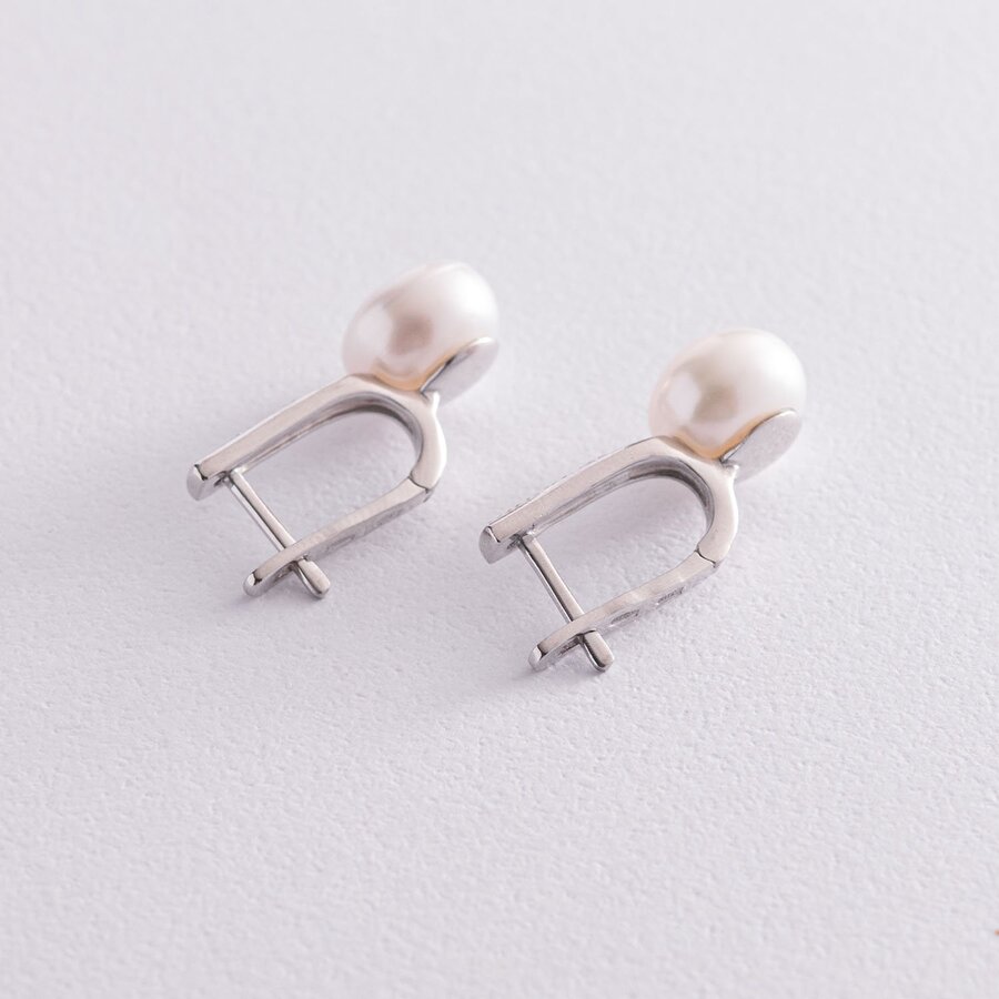 Срібні сережки з перлами і фіанітами 2453/1р-PWT