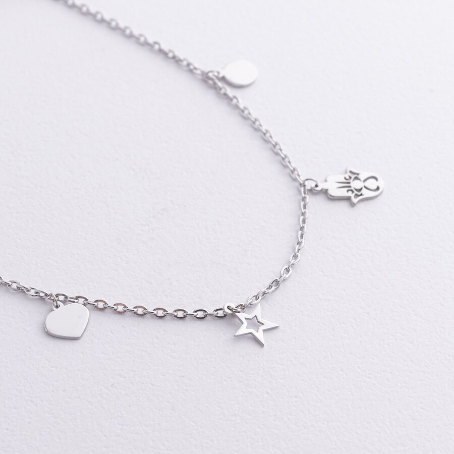 Срібний браслет "Монетка, хамса, зірка, серце, місяць, клевер, нескінченність" на ногу 905-01110