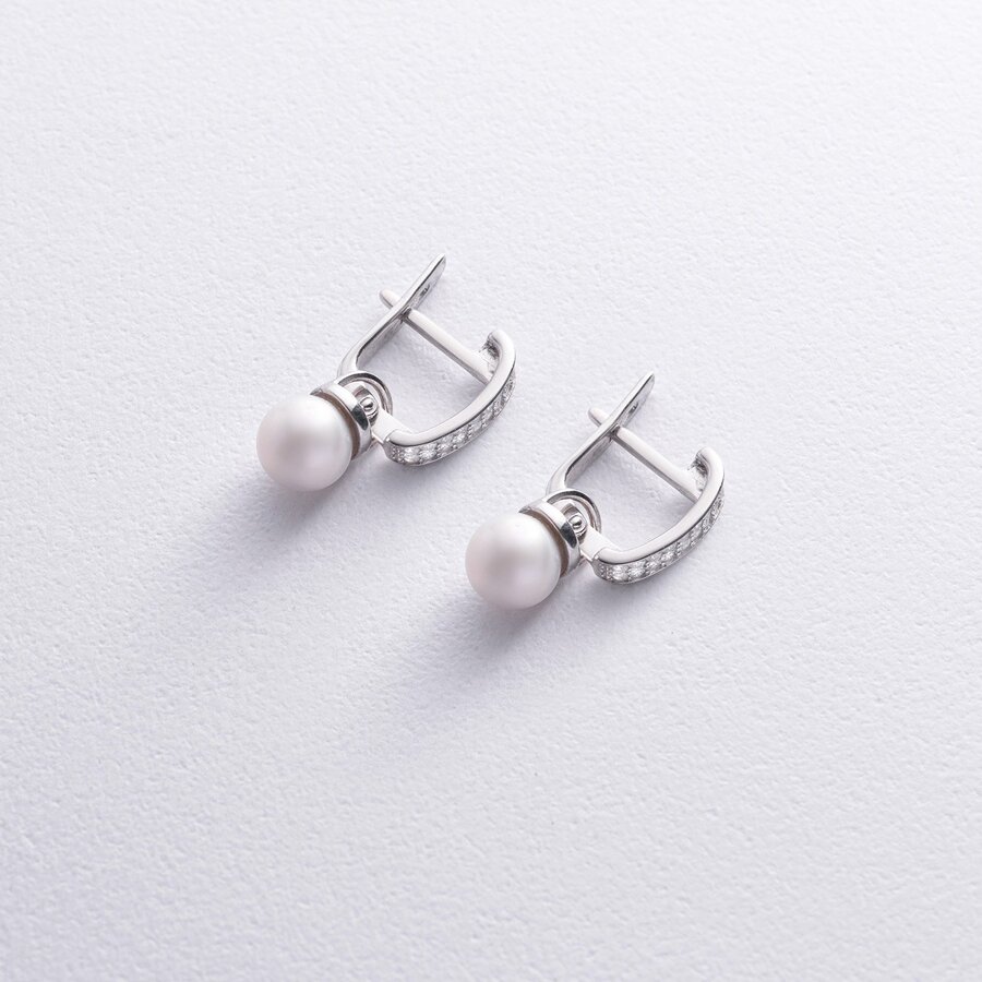 Срібні сережки з перлами і фіанітами 902-00333