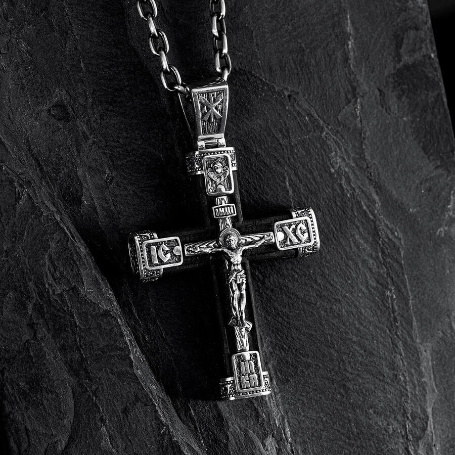 Серебряный крест "Распятие. Спаси и Сохрани" с эбеновым деревом mini 1061
