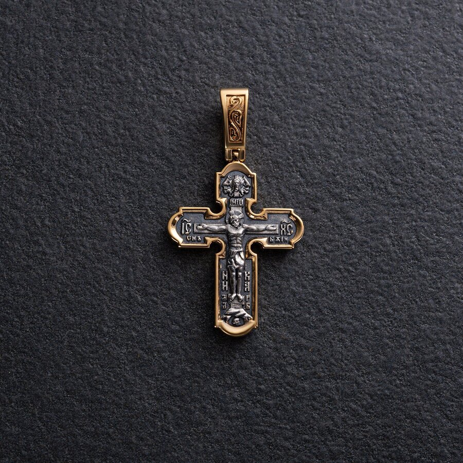 Серебряный крестик с чернением и позолотой 132855
